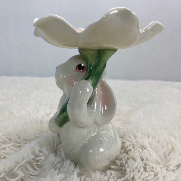 Vintage Porcelain Ceramic White Rabbit Flower Candle Holder Kitsch Cute - Picture 2 of 7